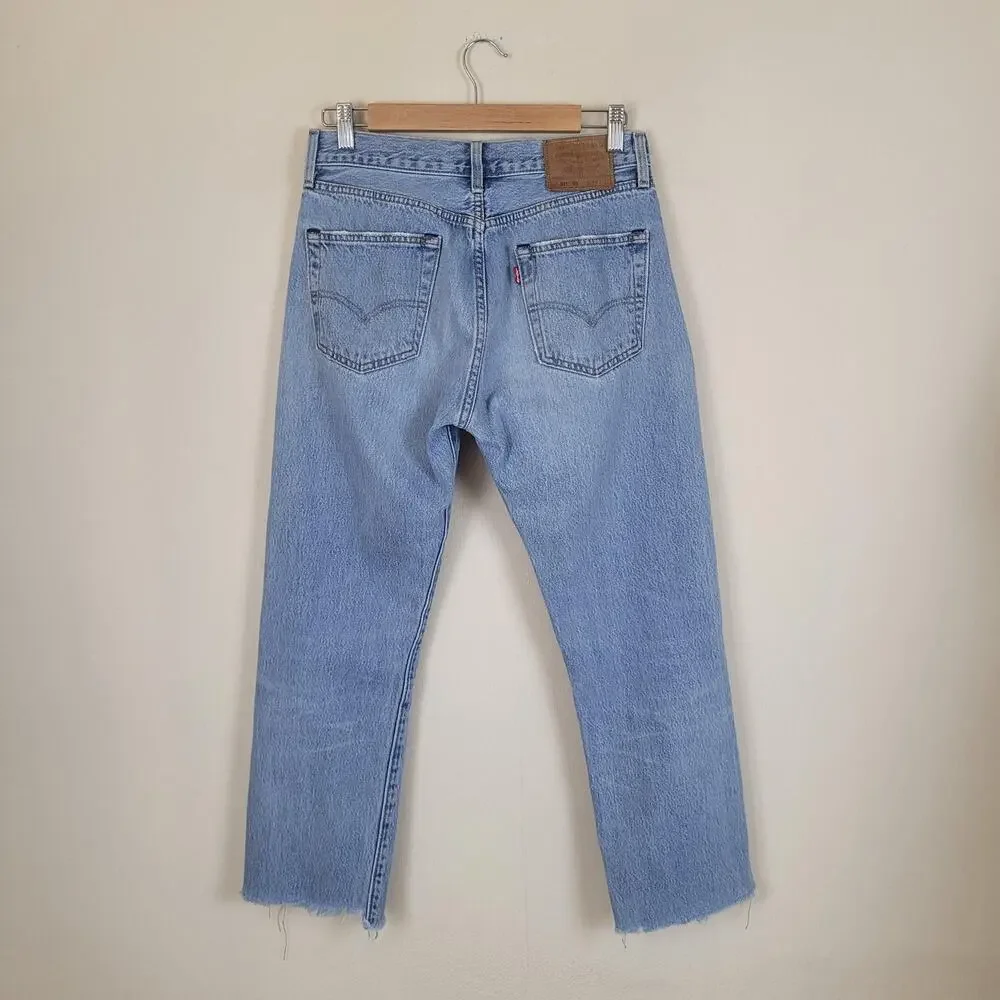 Levis 501 93 Jeans Men 29 Light Wash Blue Denim Distressed Straight Crop Raw Hem